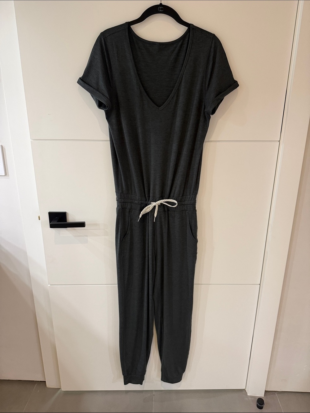 Vouri Drawstring Short-Sleeve Jumpsuit in forest green